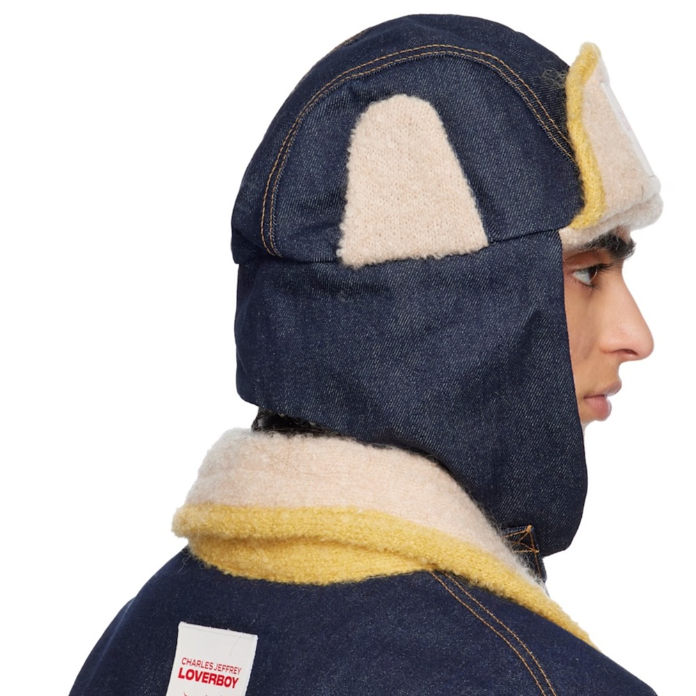 Charles Jeffrey Loverboy Navy & Beige Knit Patch Trapper Hat - Picture 3 of 3